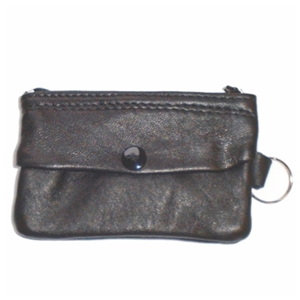 Black Lambskin Key Case With Key Ring, Outer Pocket