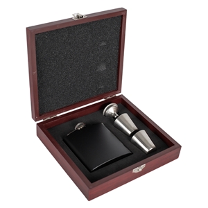 Stainless Steel Hip Flask, Black Finish, 6oz. Includes Wooden Gift Box, Funnel & 2 Cups