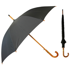 Deluxe Walking Auto Umbrella With Wood Shaft & Handle,Black