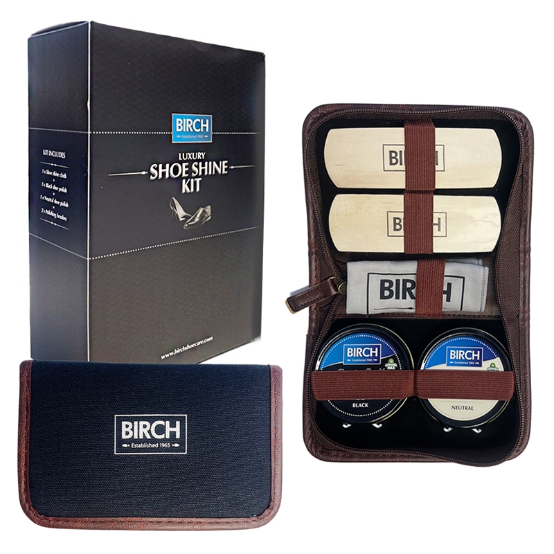 BIRCH Luxury Shoe Shine Kit in Two Tone Zip Round Fabric Case and Display Box