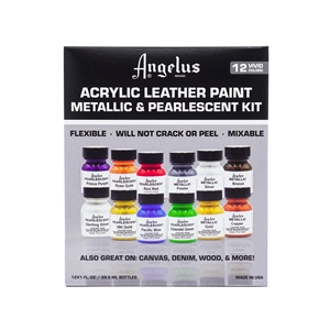 Angelus Acrylic Paint Metallic/Pearlescent Kit Box inc 12 x 1 fl oz/30ml Bottles