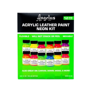 Angelus Acrylic Paint Neon Kit Box inc 12 x 1 fl oz/30ml Bottles