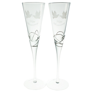 Set 2 Glass Champagne Flutes Happy Anniversary Design Clearance Price £4.95