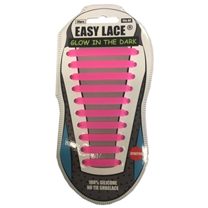 Easy Lace Silicone Shoelaces - Flat Glow in Dark, Pink - Card Of 20 Piece