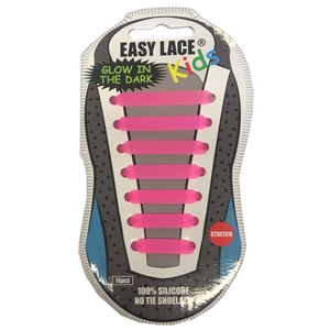Easy Lace Kids Silicone Laces Flat Glow in Dark, Pink - Card Of 14 Pieces