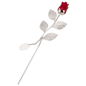 Silver Plated Rose With Red Bud And Oval Engraving Tag