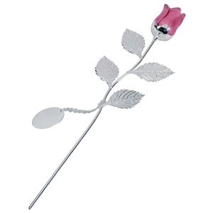 Silver Plated Rose With Pink Bud And Oval Engraving Tag