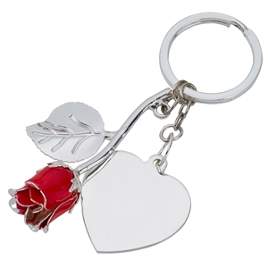 Silver Plated Red Rose Keyring and Heart Engraving Tag
