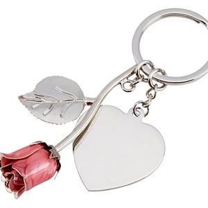 Silver Plated Pink Rose Keyring and Heart Engraving Tag