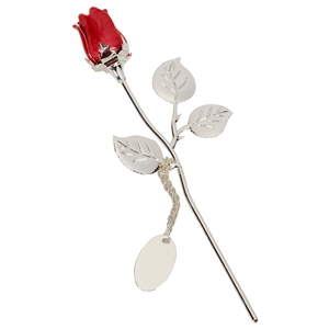 Small Silver Plated Rose With Red Bud And Oval Engraving Tag