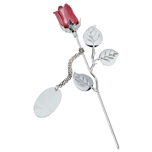 Small Silver Plated Rose With Pink Bud And Oval Engraving Tag