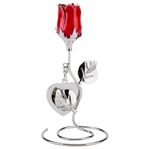 Silver Plated Rose with Red Bud and Heart Engraving Tag, Free Standing