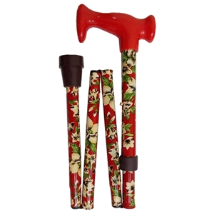 Four Fold Walking Stick Red Green Floral-Red Escort Handle
