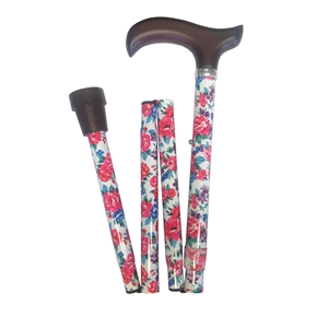 Four Fold Walking Stick Red Flower with Brown Derby Handle