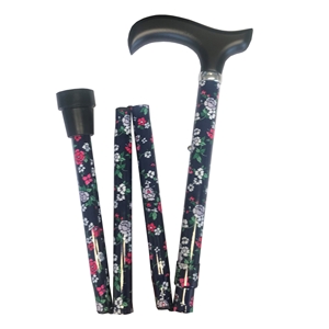 Four Fold Walking Stick Red & White Flowers with Black Derby Handle
