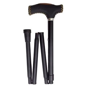 Four Fold Walking Stick Black With Black Leather Padded Handle