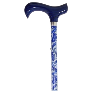 Adjustable Walking Stick Blue Paisley With Blue Grain Covered Wood Derby Handle