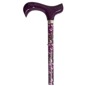 Adjustable Walking Stick Purple Morris Floral With Purple Grain Covered Wood Derby Handle
