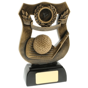 6.75 Inch Resin Golf Shield Award Antique Gold. Special Trophy Clearance Price £1.95