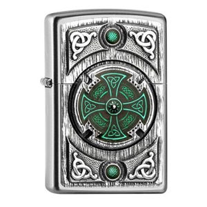 Zippo Lighter Brushed Chrome Celtic Green Cross