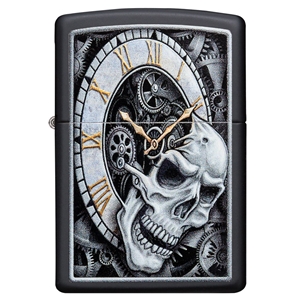 Zippo Lighter Black Matte, Skull Clock Design