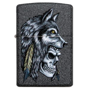 Zippo Lighter Iron Stone, Wolf Skull Feather Design