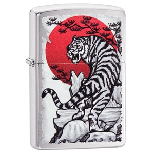 Zippo Lighter Brushed Chrome, Asian Tiger Design