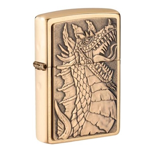 Zippo Lighter, Brushed Brass, Dragon Emblem